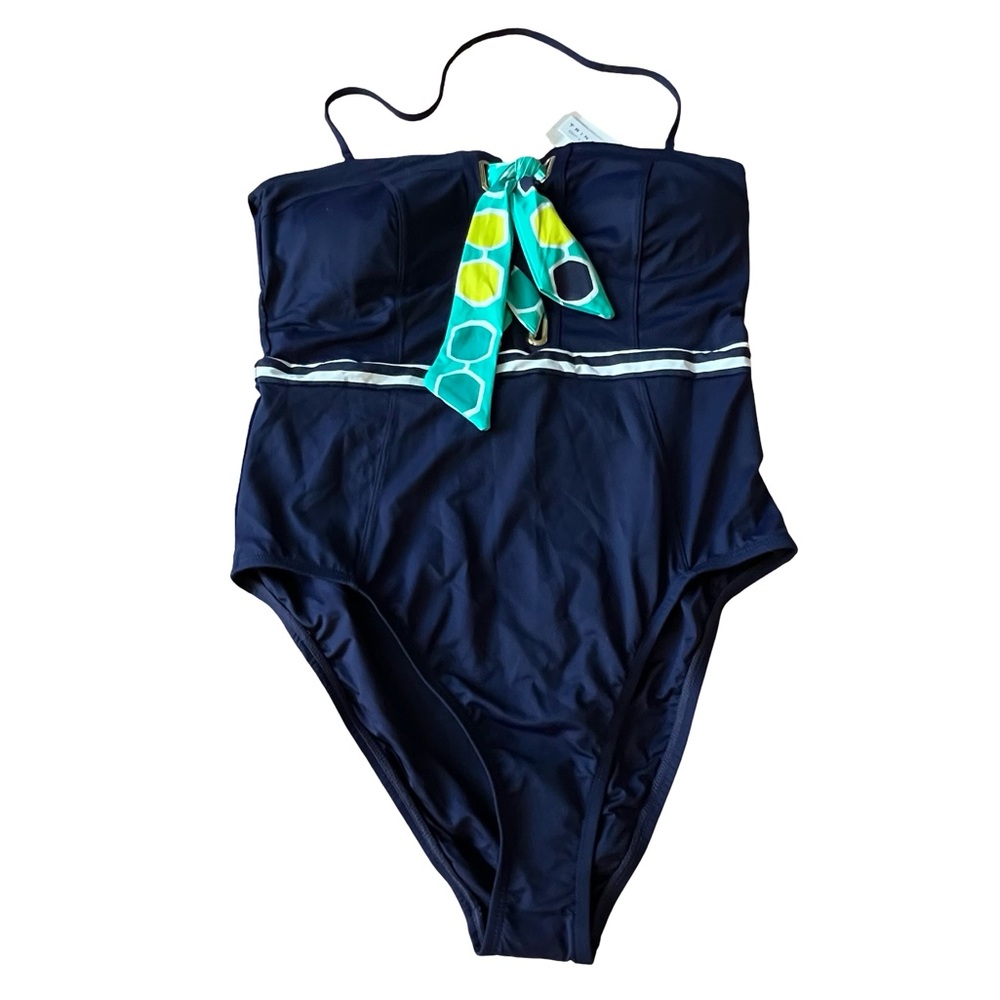 Navy Blue Women's Swimsuit with Green Accents